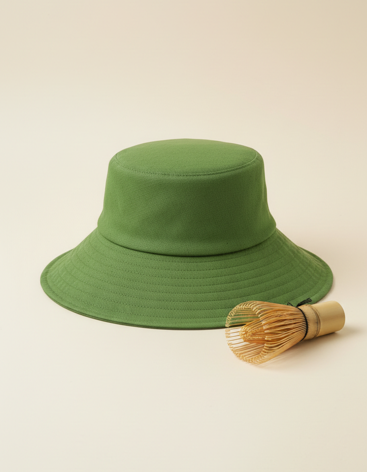 Green bucket hat with a wooden tool on a beige background